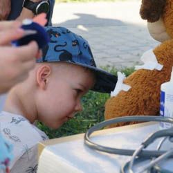 Miniatura: Chłopczyk z zainteresowaniem ogląda opatrunki na futrze pluszaka-misia w polowym szpitalu misia Eskulapka podczas Czerwcówki 2019 na Siekierkach
