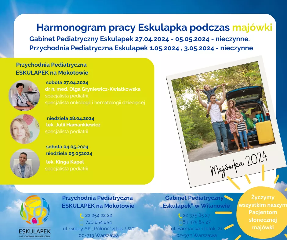 Dyżury pediatry w najbliższy weekend w Gabinecie (Wilanów) i Przychodni (Mokotów) ESKULAPEK w Warszawie